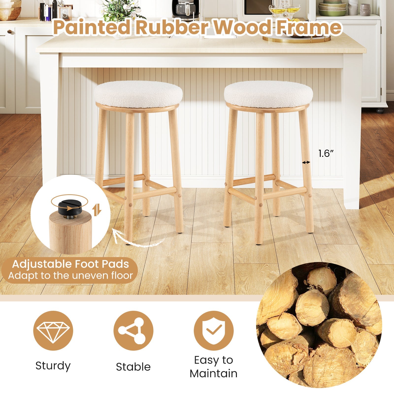 27" Bar Stools Set of 2 Upholstered Barstools with Boucle Fabric Seats-White