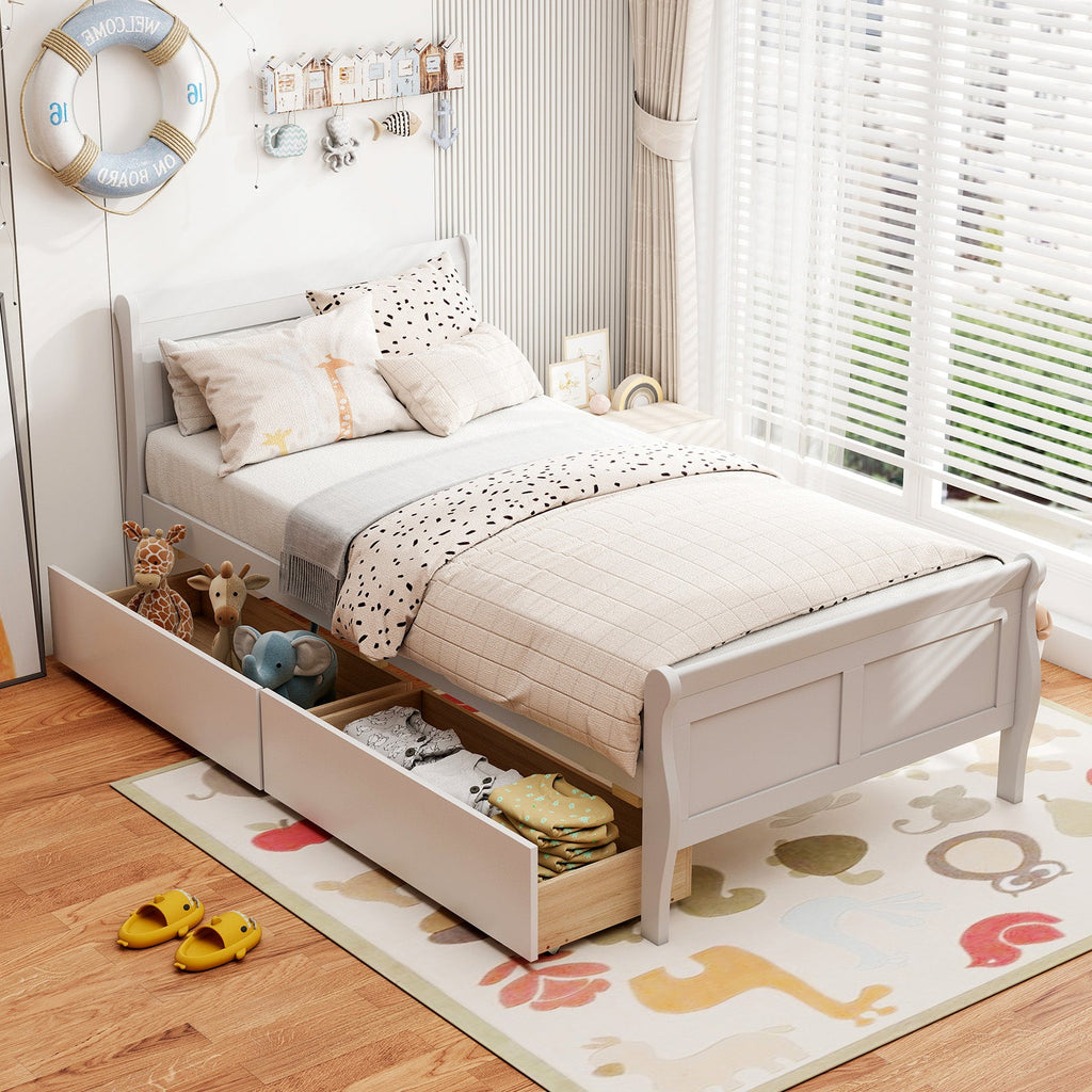 Twin Size Sleigh Bed with 2 Storage Drawers Wood Platform Bed Frame