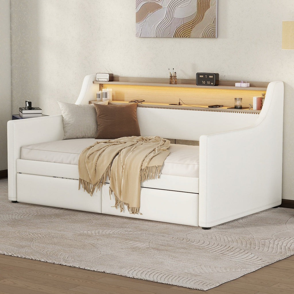 Twin Size Daybed with Drawers, Upholstered Daybed with Charging Station and LED Lights, White