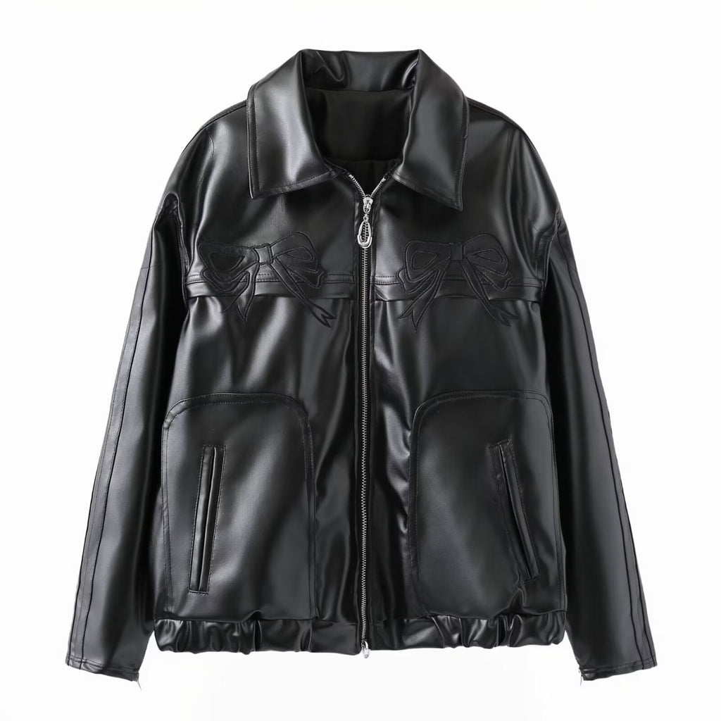 Women's Bow-Knot Zipper Leather Jacket