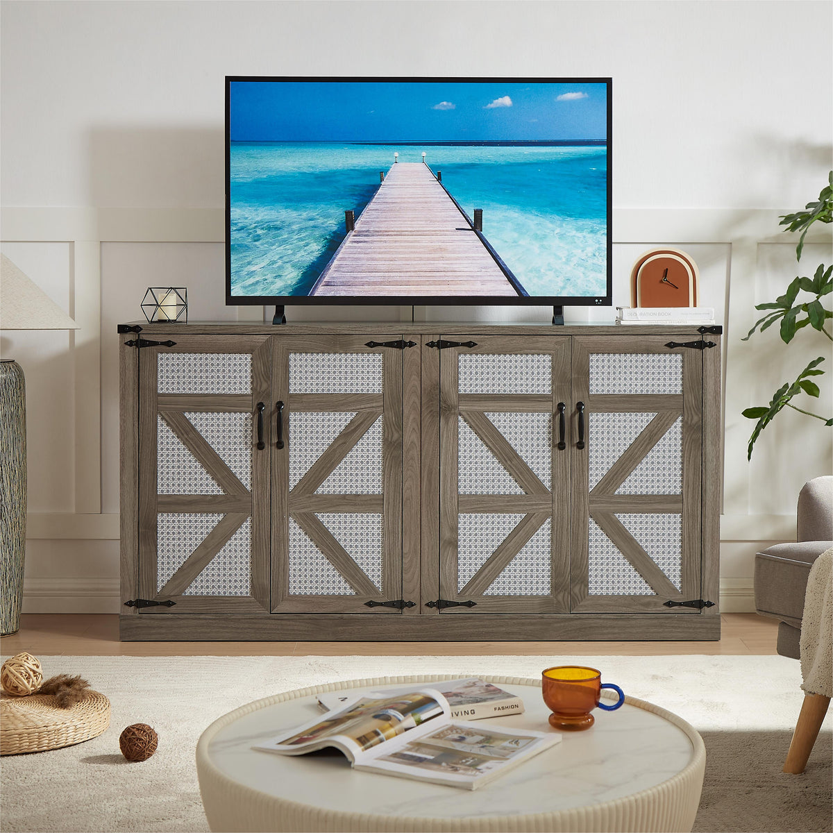65-Inch Slate Gray Faux Rattan Sideboard with Barn Doors Rustic Sideboard, 4-Door Storage for Living Room, Entryway, Bedroom