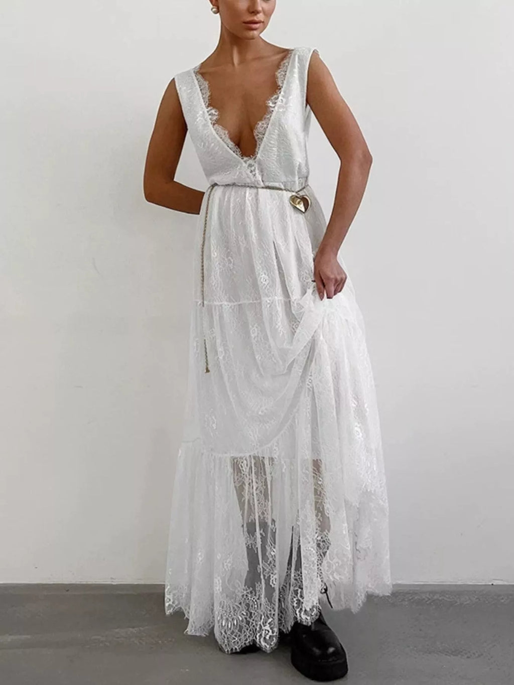 Lace V-Neck Sleeveless Maxi Dress
