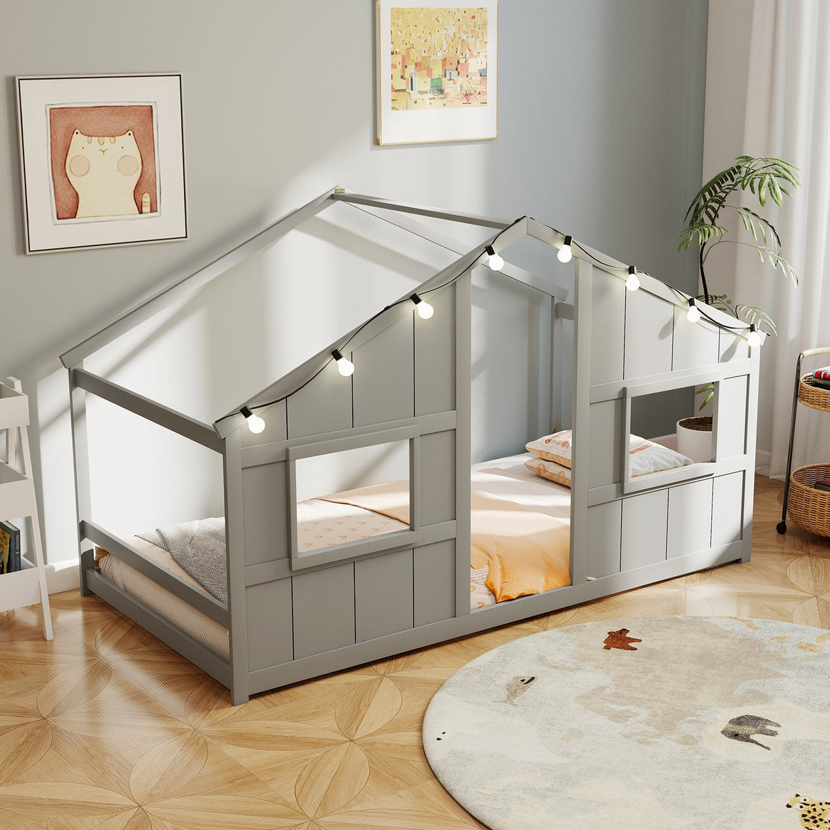 Twin Size House Bed with LED Lights Montessori Slat-free Floor Bed