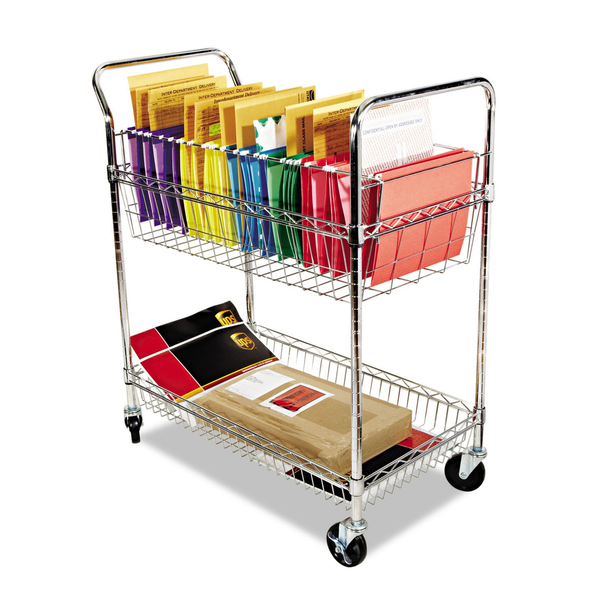 Alera Carry-all Mail Cart, Metal, 1 Shelf, 1 Bin, 34.88" x 18" x 39.5", Silver