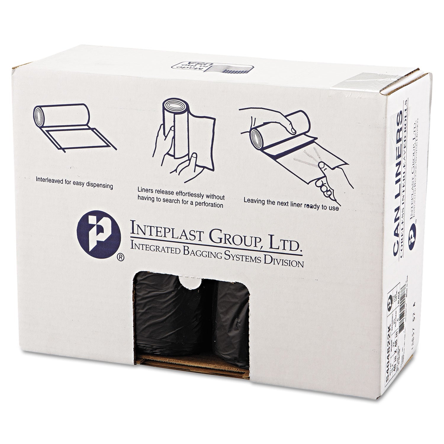 Inteplast Group High-Density Interleaved Commercial Can Liners, 45 gal, 22 microns, 40" x 48", Black, 150/Carton