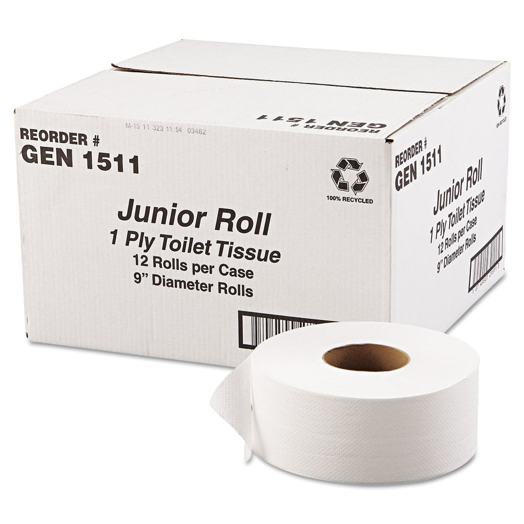 GEN JRT Jumbo Bath Tissue, Septic Safe, 1-Ply, White, 3.5 x 1,200 ft, 12 Rolls/Carton