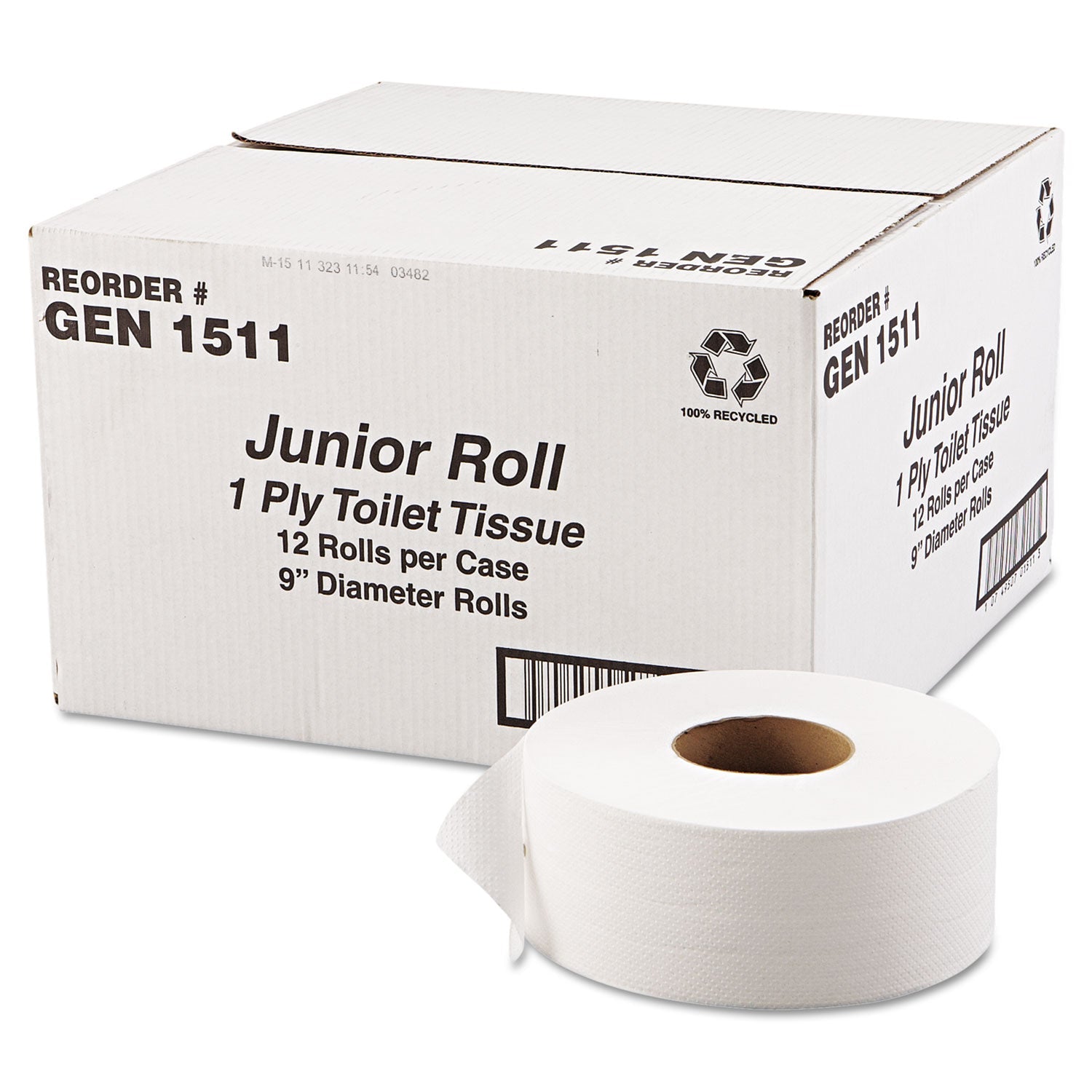 GEN JRT Jumbo Bath Tissue, Septic Safe, 1-Ply, White, 3.5 x 1,200 ft, 12 Rolls/Carton