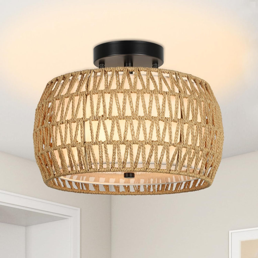 Boho Light Fixtures Ceiling Mount, Rattan Semi Flush Mount Ceiling Light, Farmhouse Light Fixtures with Fabric Shades