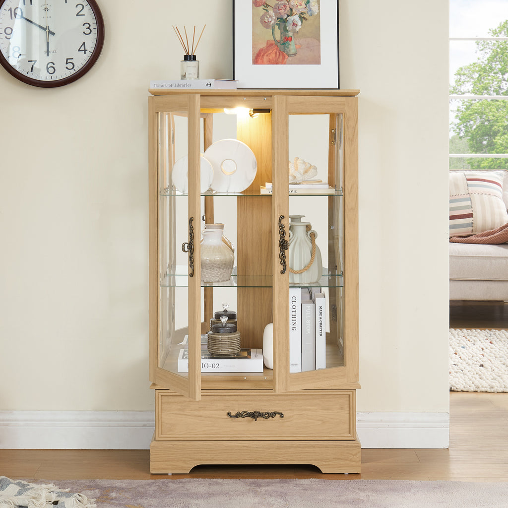 Light colored glass cabinet with adjustable glass frame, including cabinet light bulbs OAK with 2 doors and 1 drawer