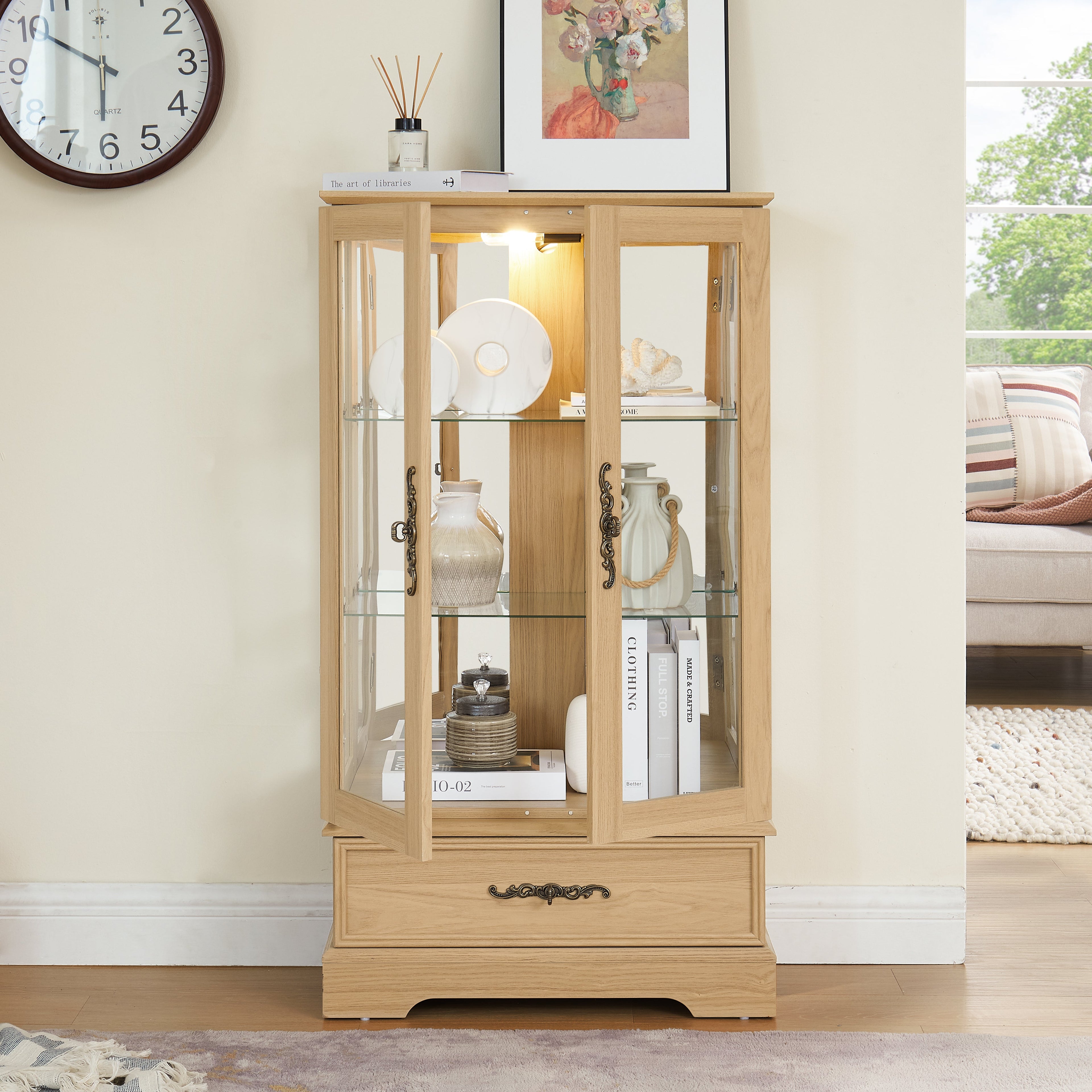Light colored glass cabinet with adjustable glass frame, including cabinet light bulbs OAK with 2 doors and 1 drawer
