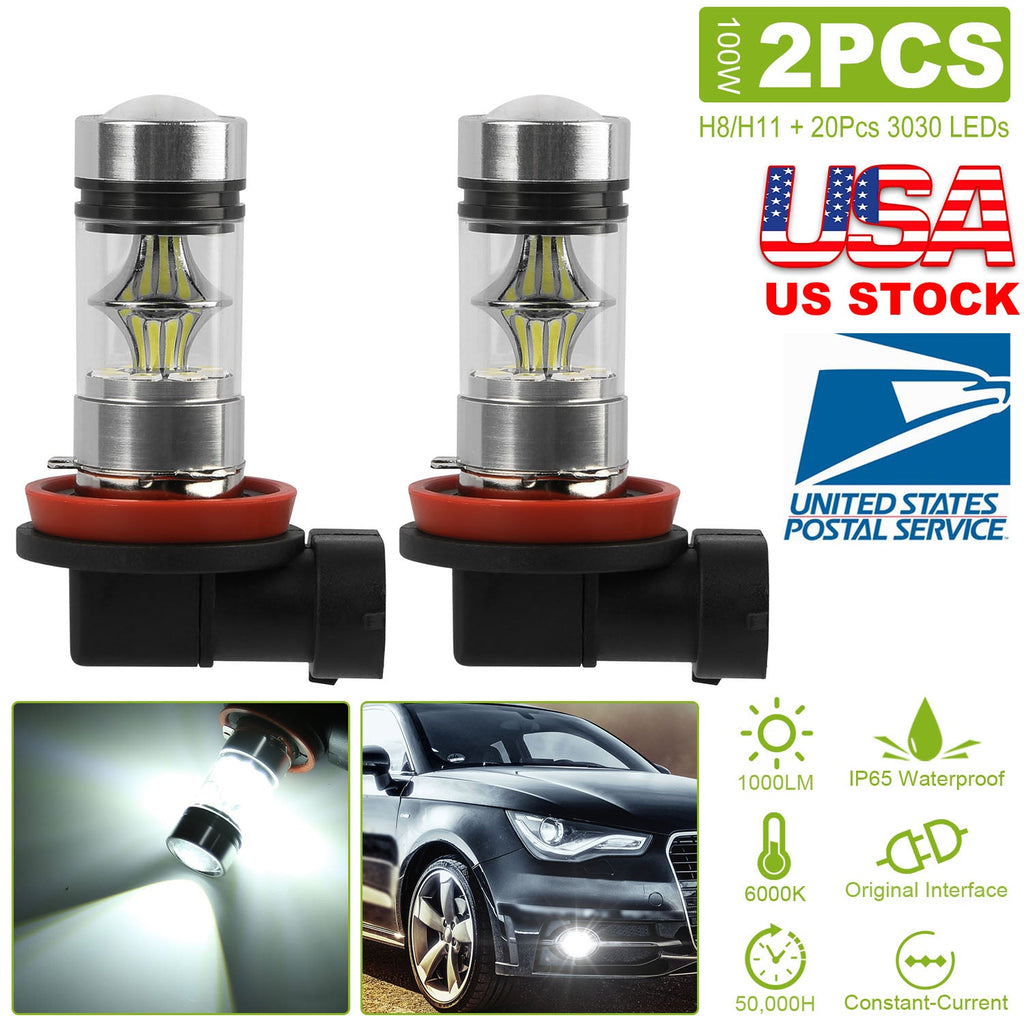 2PCS 1000lm 100W H8/H9/H11 LED Fog DRL Light Bulb IP65 Water-Resistant 360¡ Beam Angle 6000K White
