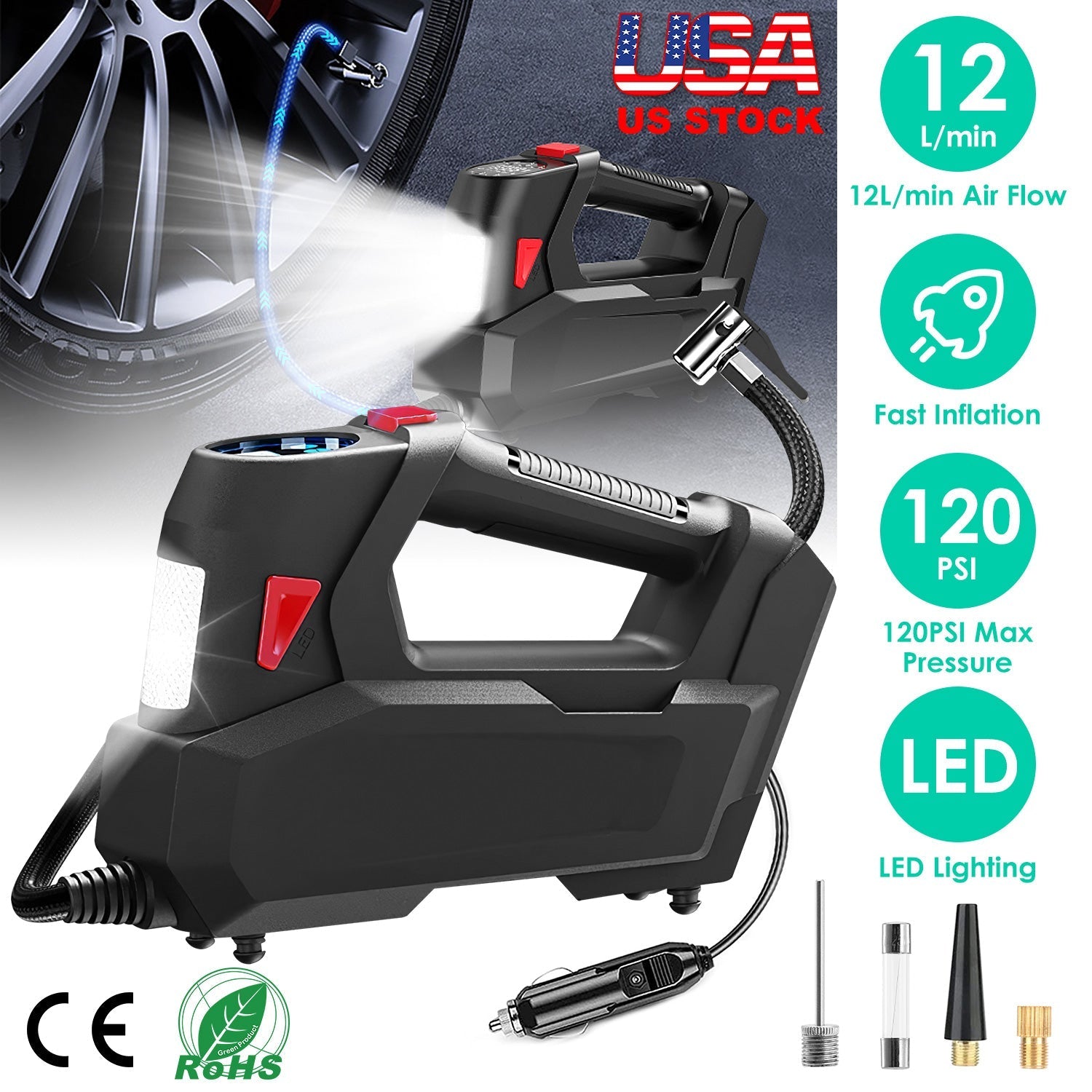 Portable Tire Inflator 120 PSI Maximum 90W Powered Tire Pump with Digital Display LED Light Inflatable Nozzle Needle Fuse Air Compressor for Bikes Mot