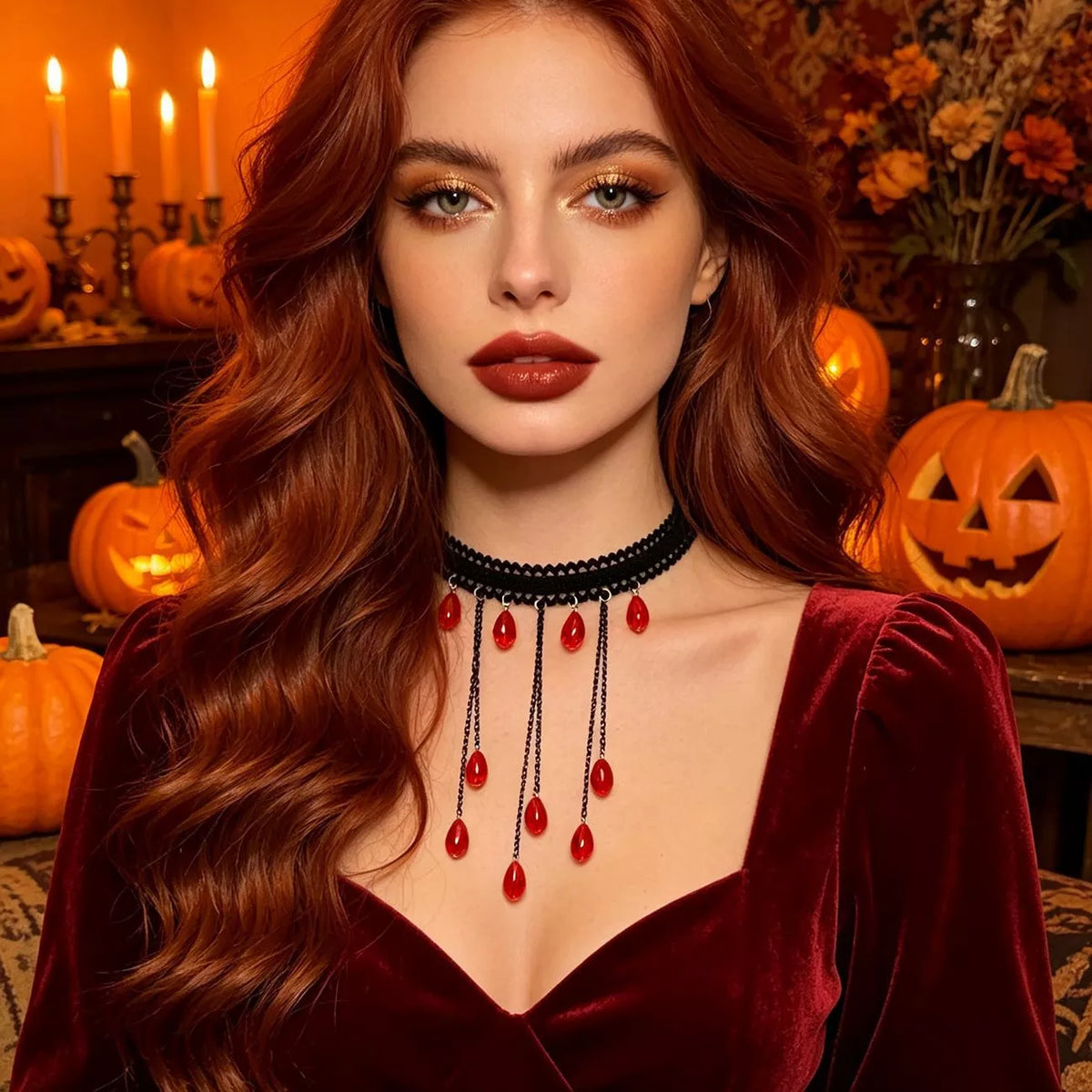 Gothic Lace Choker Necklace with Teardrop Dangle Charms