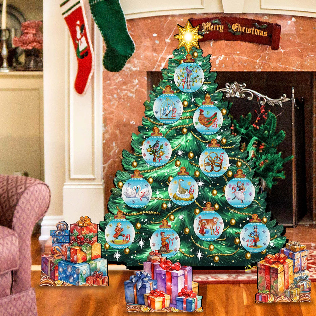 Twelve Days-Themed Christmas Tree Outdoor Indoor Decor Wooden Christmas Decoration by G. Debrekht Christmas Decor - 8191502F-G-S12