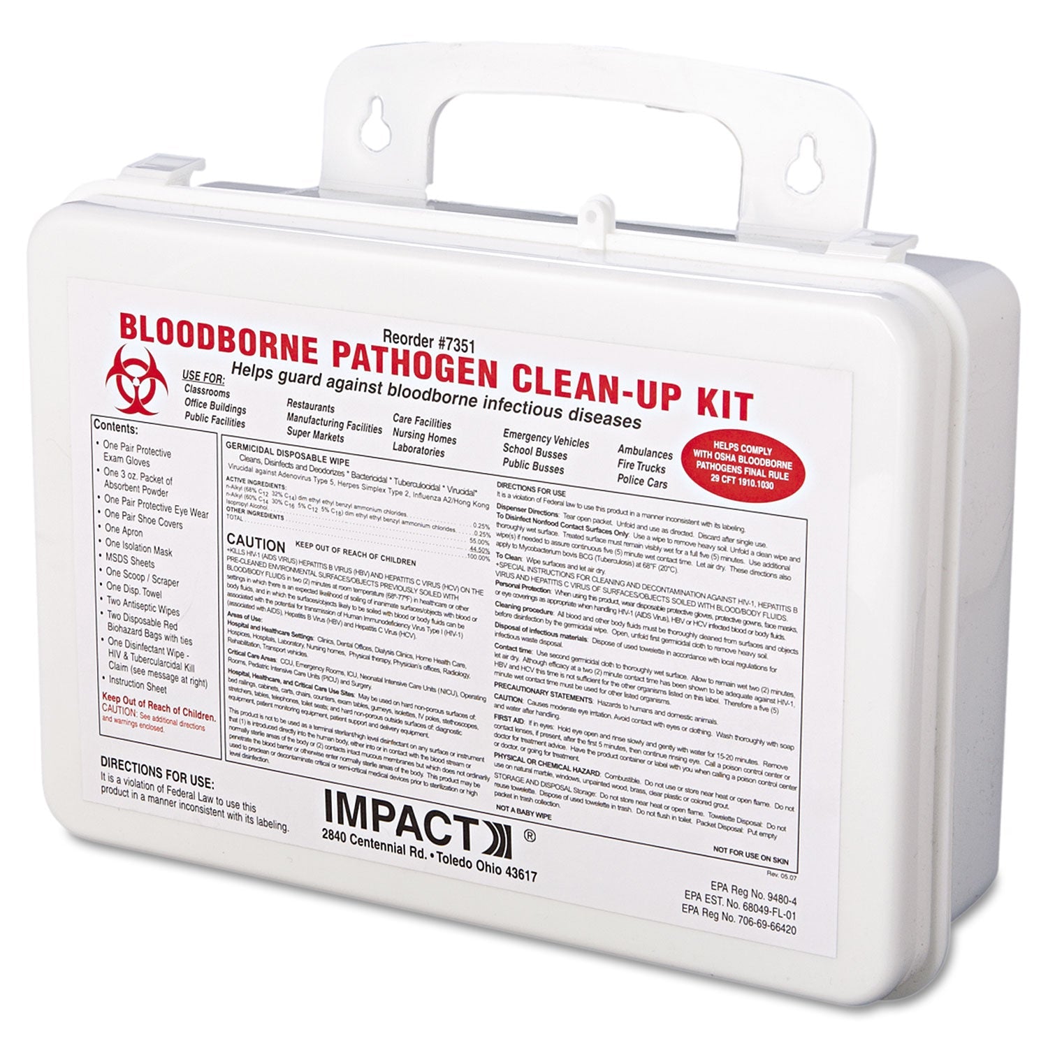 Impact Bloodborne Pathogen Cleanup Kit, 10 x 7 x 2.5, OSHA Compliant, Plastic Case