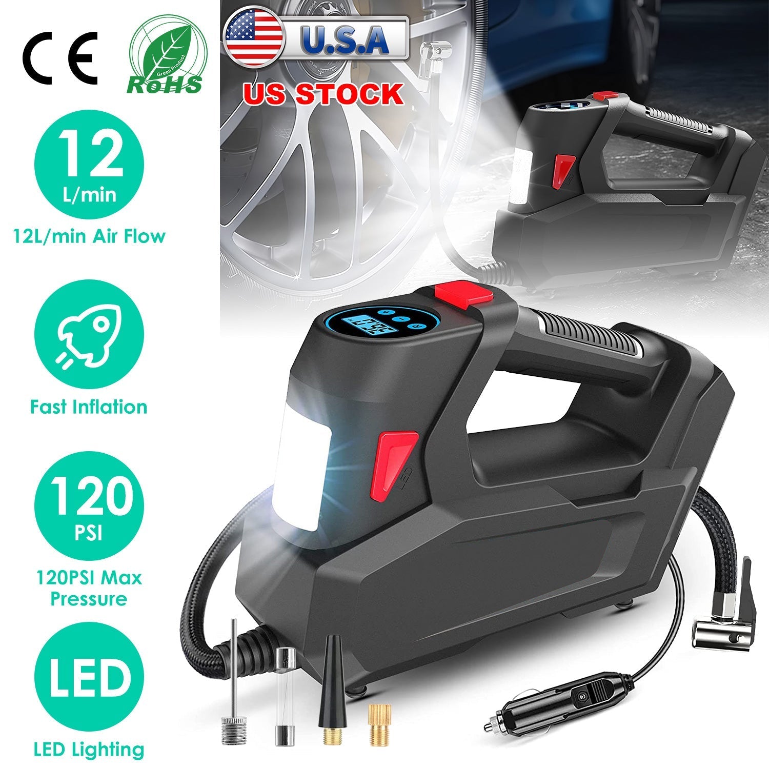 Portable Tire Inflator 120 PSI Maximum 90W Powered Tire Pump with Digital Display LED Light Inflatable Nozzle Needle Fuse Air Compressor for Bikes Mot