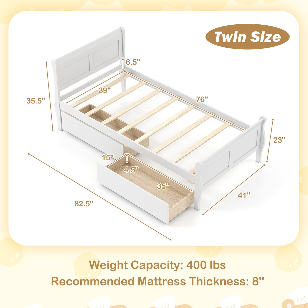 Twin Size Sleigh Bed with 2 Storage Drawers Wood Platform Bed Frame