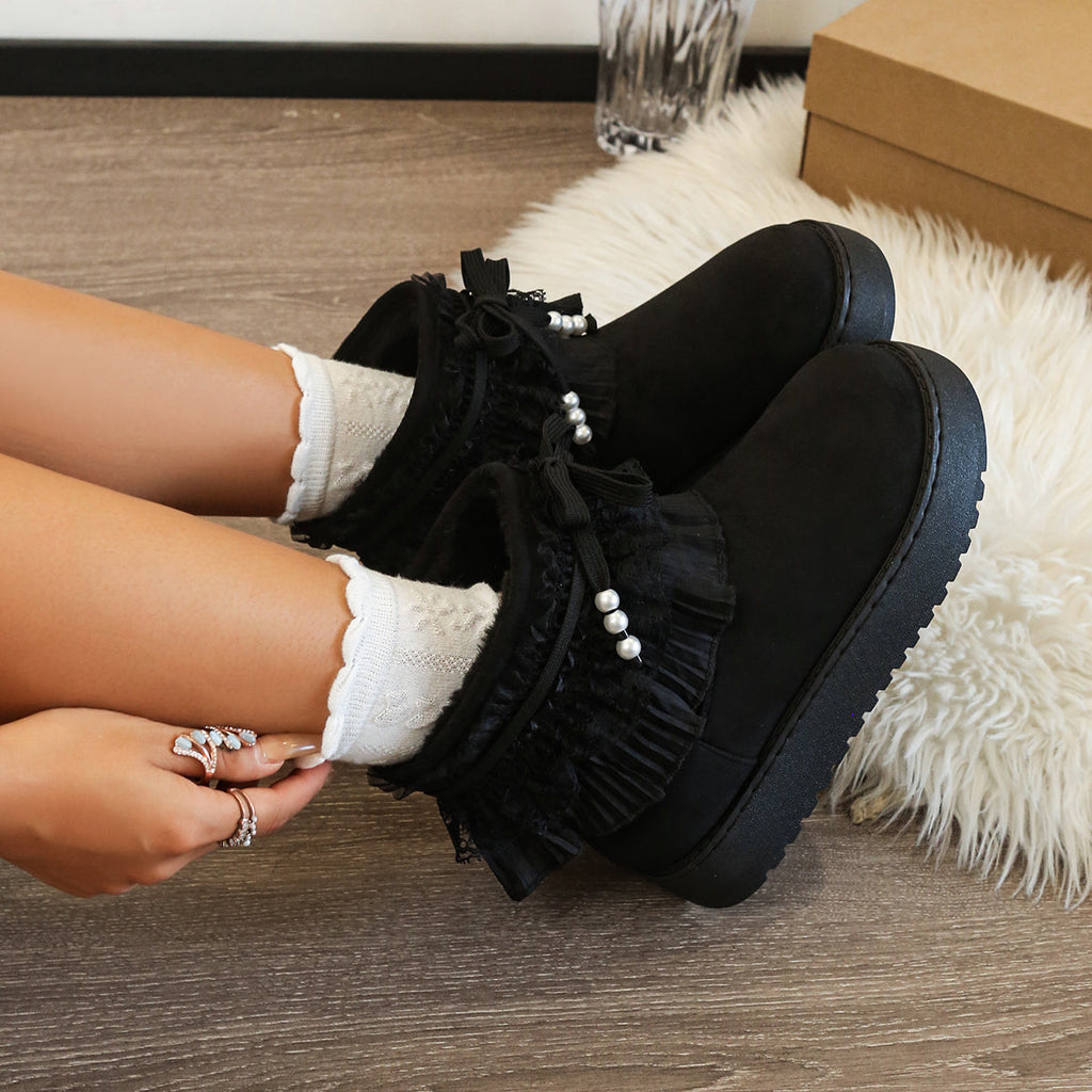 Lace Trim Bow Platform Snow Boots Women 2026 Winter New Sweet Fleece Lined Thickened Warm Cotton Boots