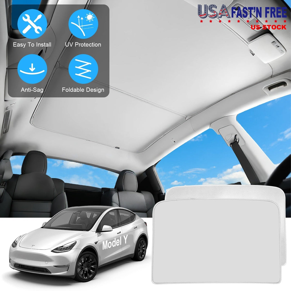 UV Protection Sunshade Roof Fit For Tesla Model Y Sunroof Window Installation Heat Blocking Anti-Sag Sunroof Shade Foldable Portable UV Reflector Fit
