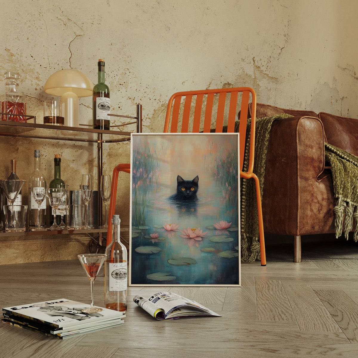 Mystical Black Cat in Water – Dreamy Water Lily Painting