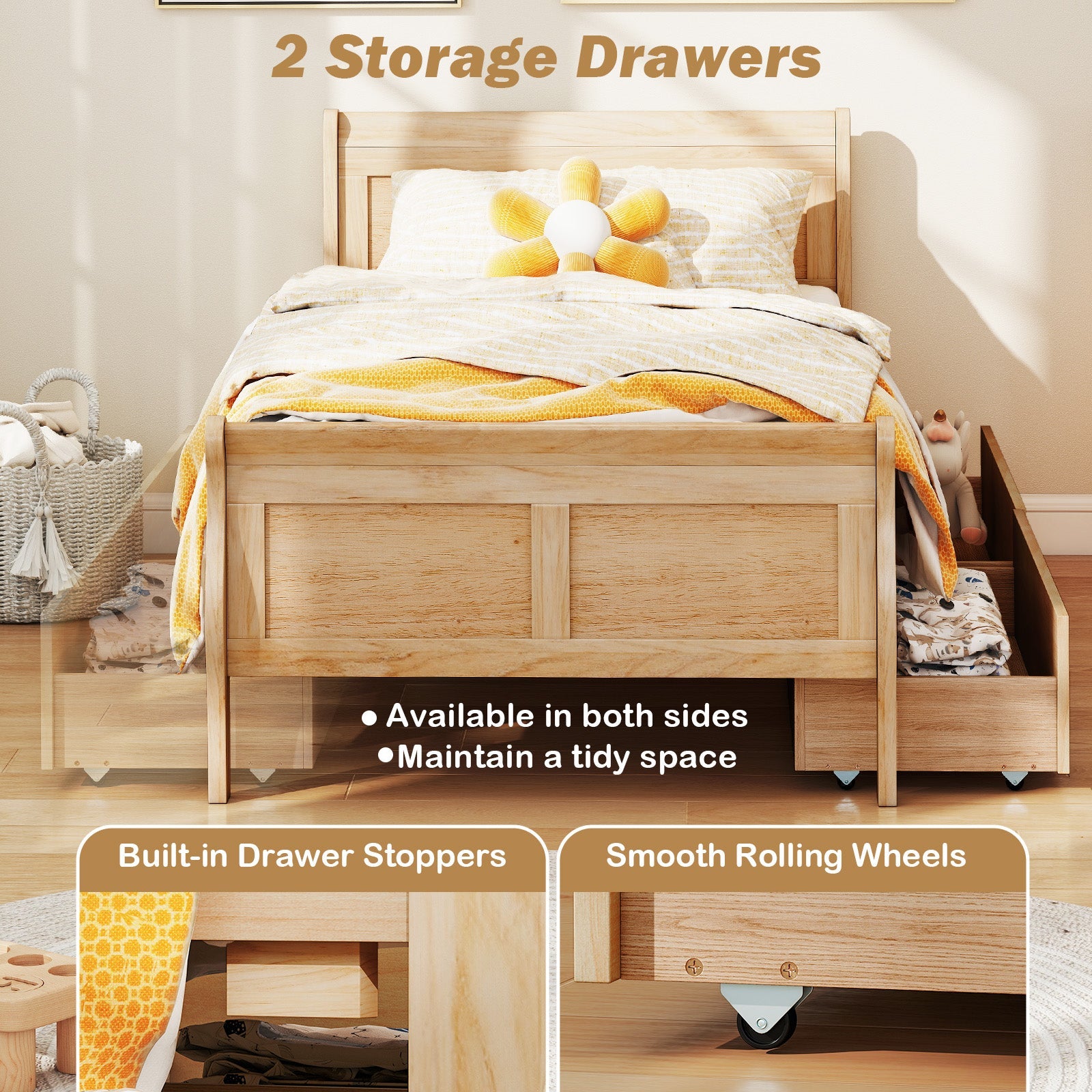 Twin Size Sleigh Bed with 2 Storage Drawers Wood Platform Bed Frame
