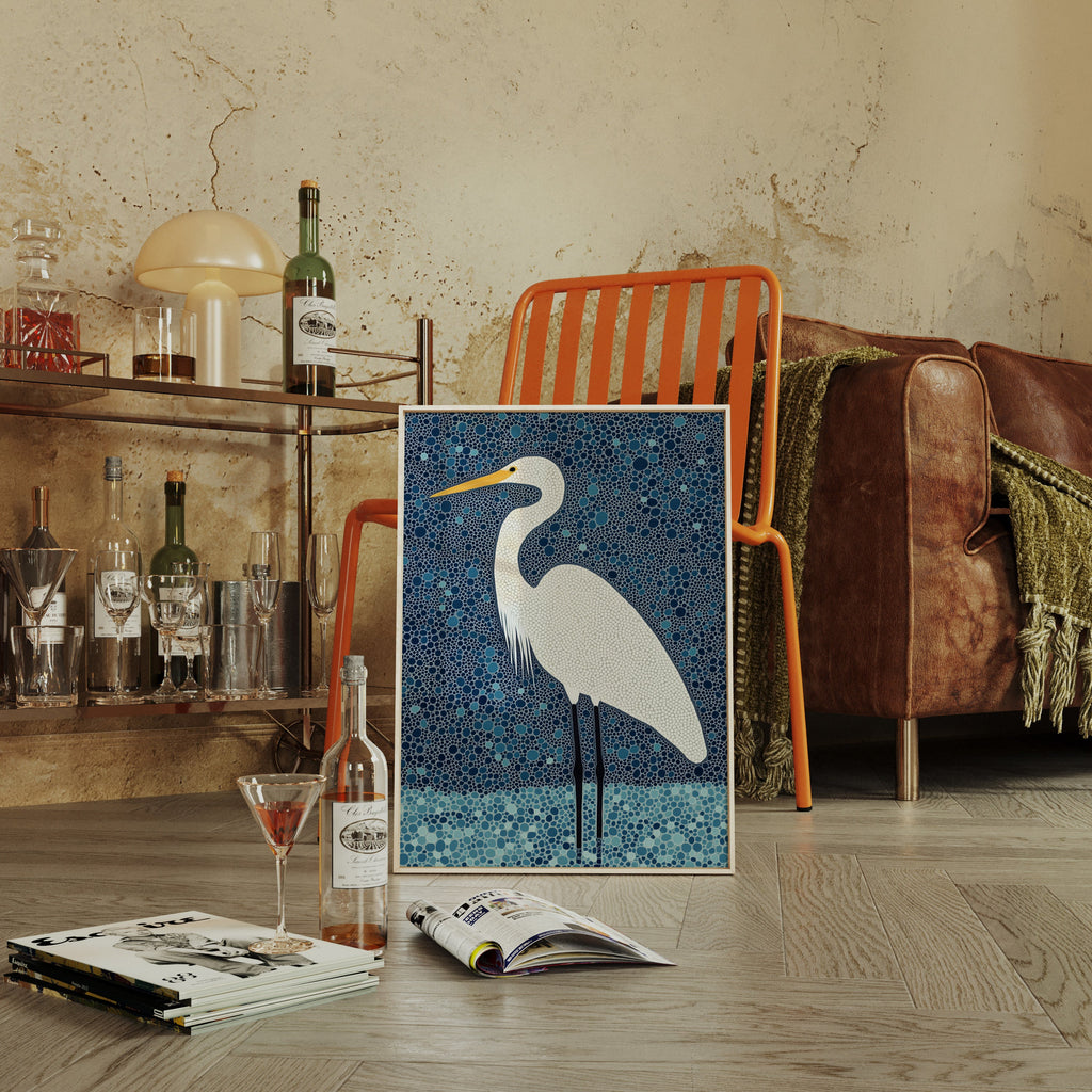 Elegant White Egret – Mosaic-Inspired Bird Wall Art