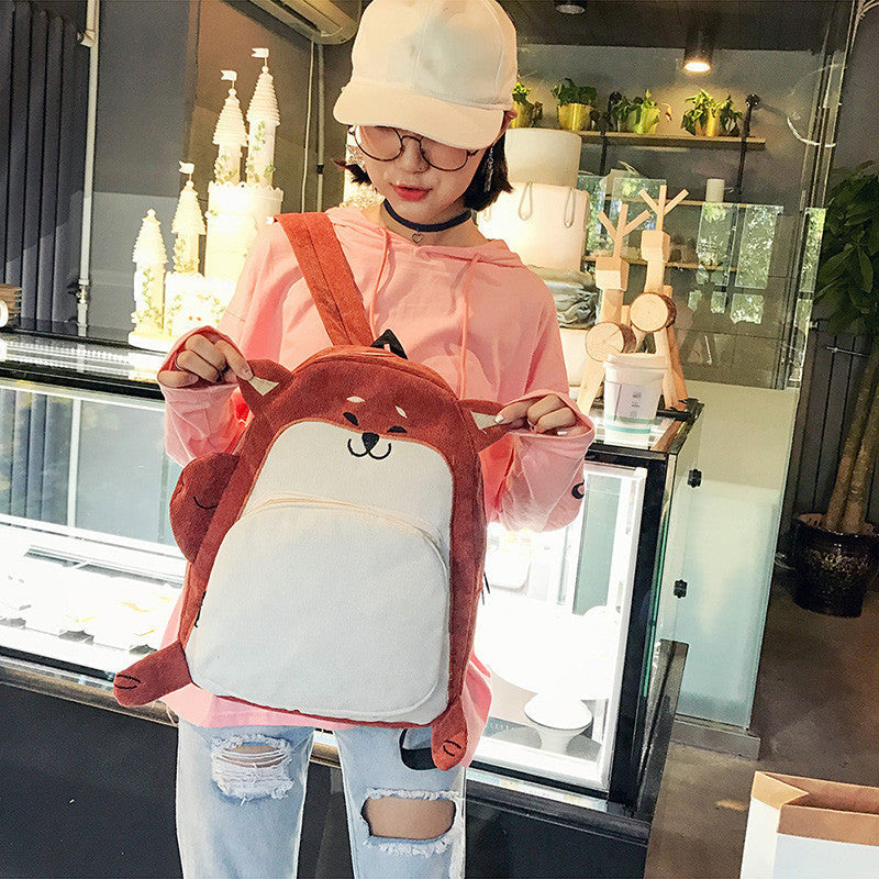 Girls Corduroy Backpack Cute Fox And Dog Animal Corduroy Backpack
