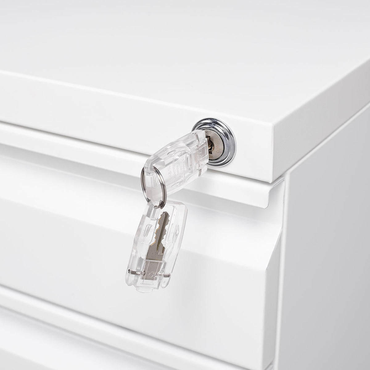 Locked three drawer storage mobile metal filing cabinet, pre assembled filing cabinet, except for wheels under the table (white)