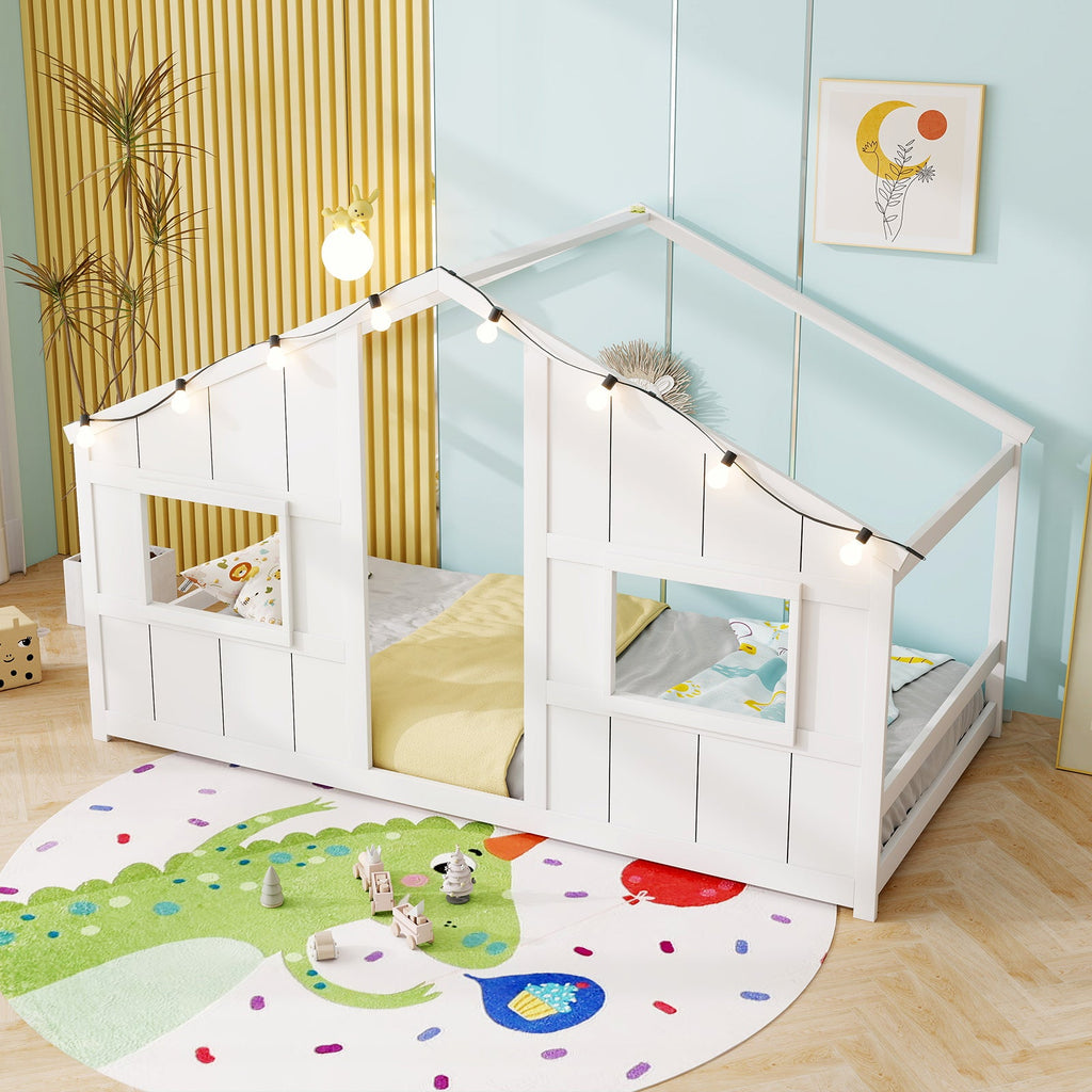Twin Size House Bed with LED Lights Montessori Slat-free Floor Bed