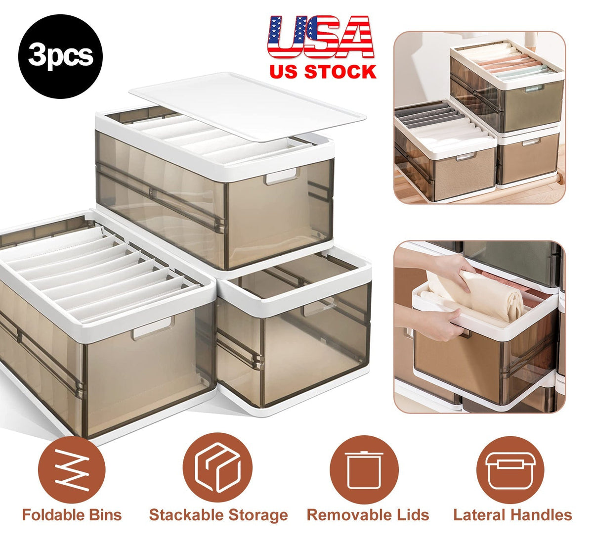 3 Pack Foldable Storage Bin with Lid Stackable Plastic Closet Organizer with Handle Divider Collapsible Drawer Organizer for Toys Clothes