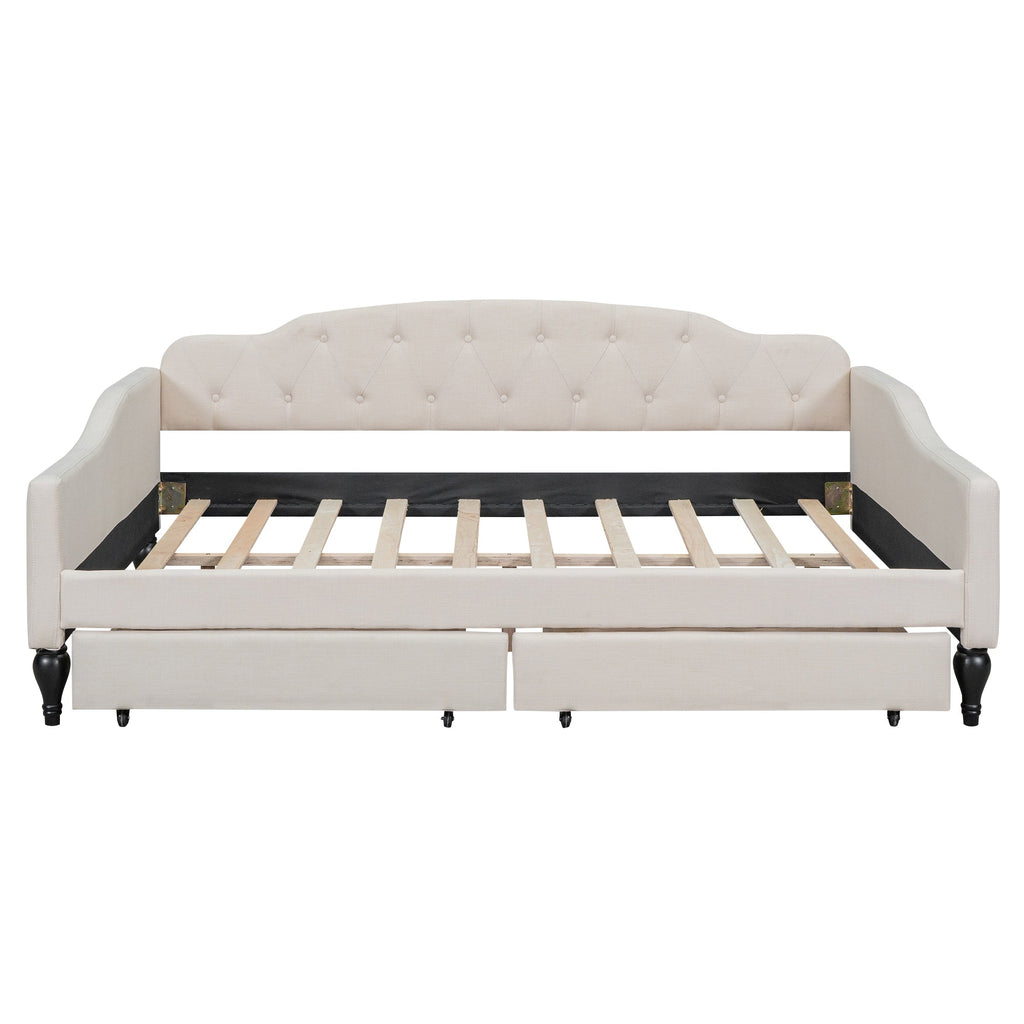 Full Size Upholstered Tufted Daybed with Two Drawers, Beige