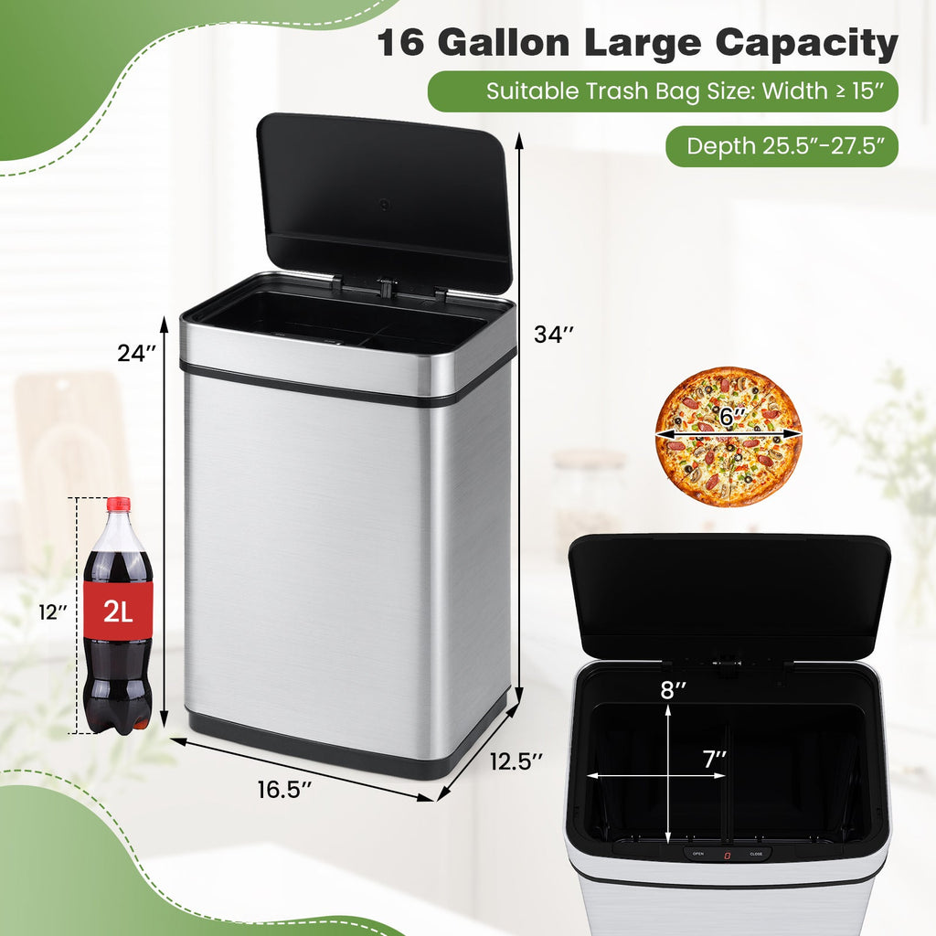 16 Gallon Trash Can Infrared Motion Sensor Garbage Can with Dual Compartments-Silver