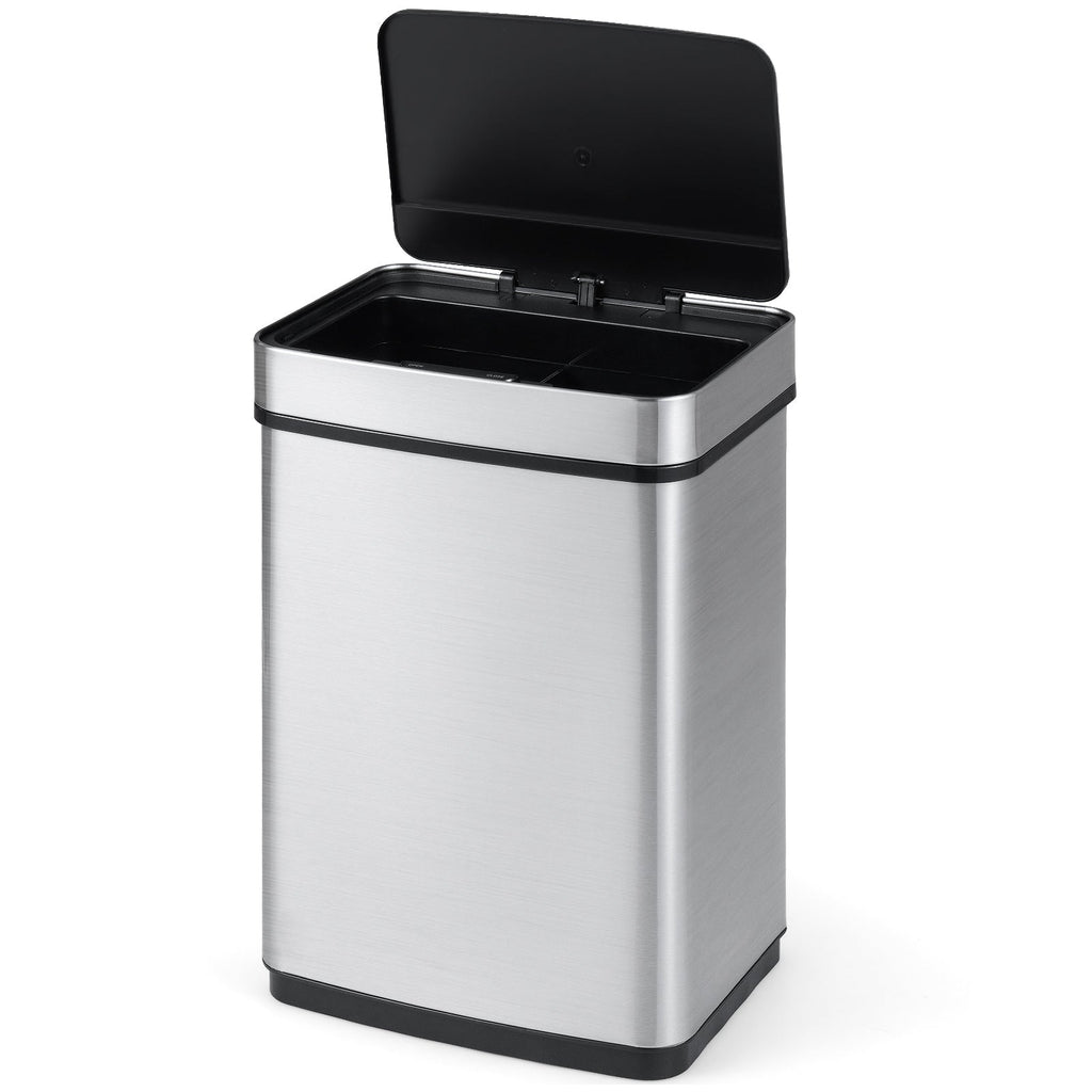 16 Gallon Trash Can Infrared Motion Sensor Garbage Can with Dual Compartments-Silver