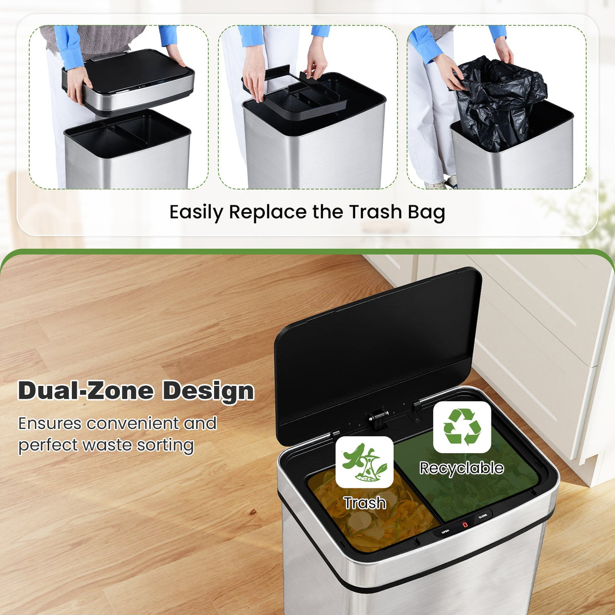 16 Gallon Trash Can Infrared Motion Sensor Garbage Can with Dual Compartments-Silver