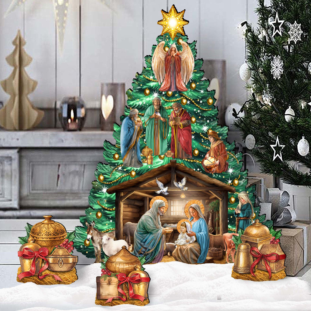 Nativity-Themed Christmas Tree Set Outdoor Indoor Décor Wooden Christmas Decoration by G. Debrekht Christmas Décor - 8191503-3F-G