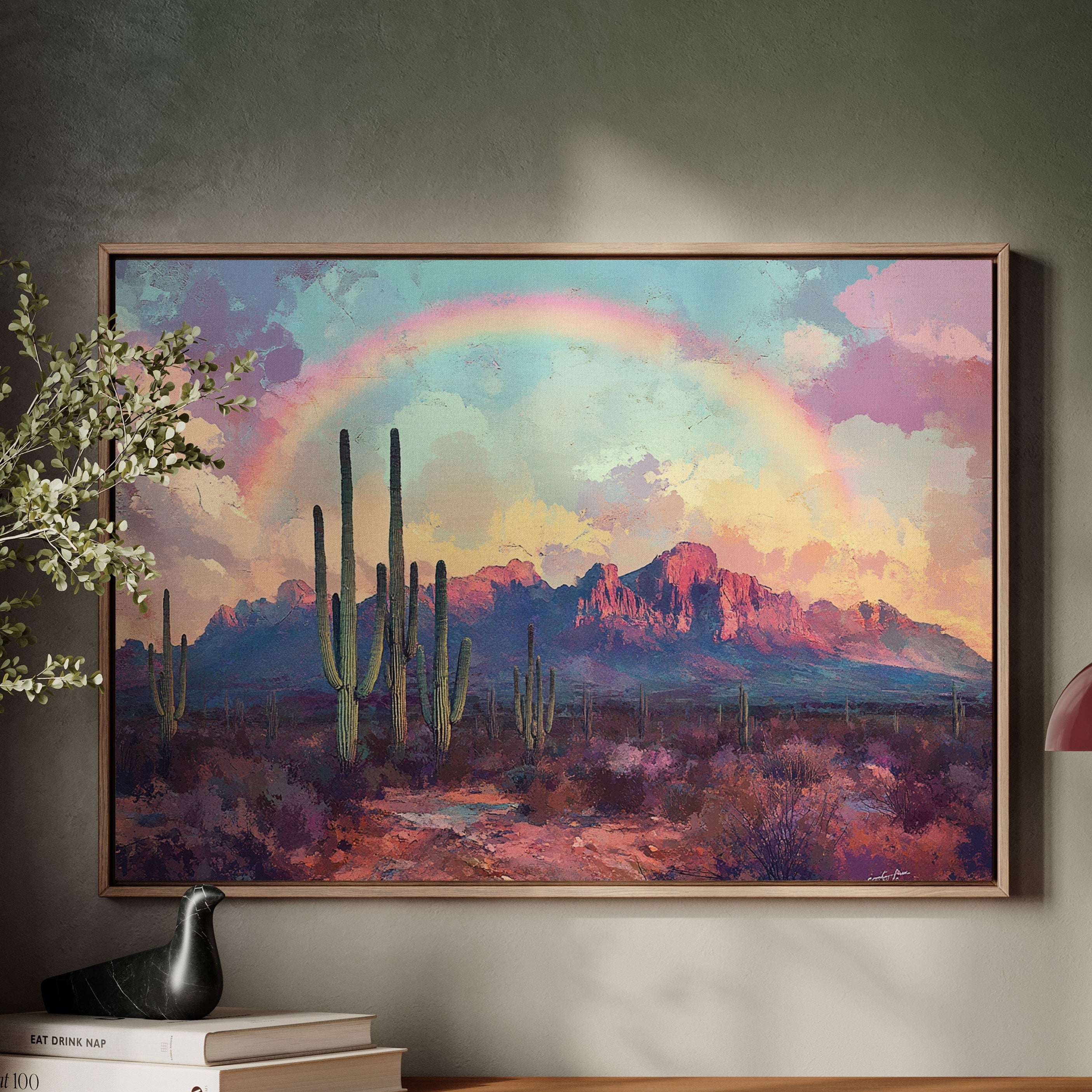 Cactus Rainbow Desert Print – Boho Southwest Canvas Art