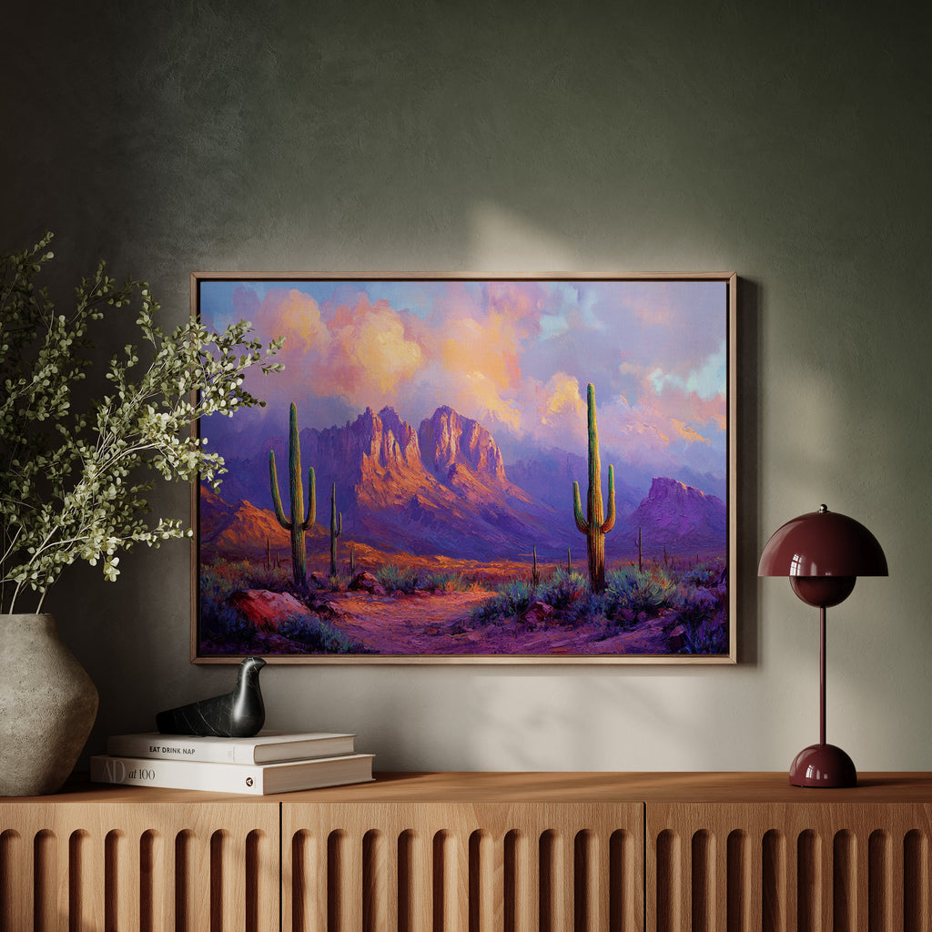 Purple Desert Sunset Canvas – Southwest Cactus Wall Art