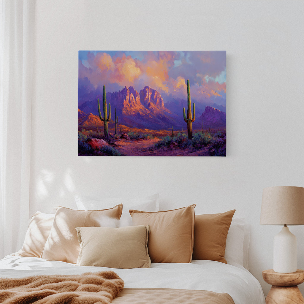 Purple Desert Sunset Canvas – Southwest Cactus Wall Art