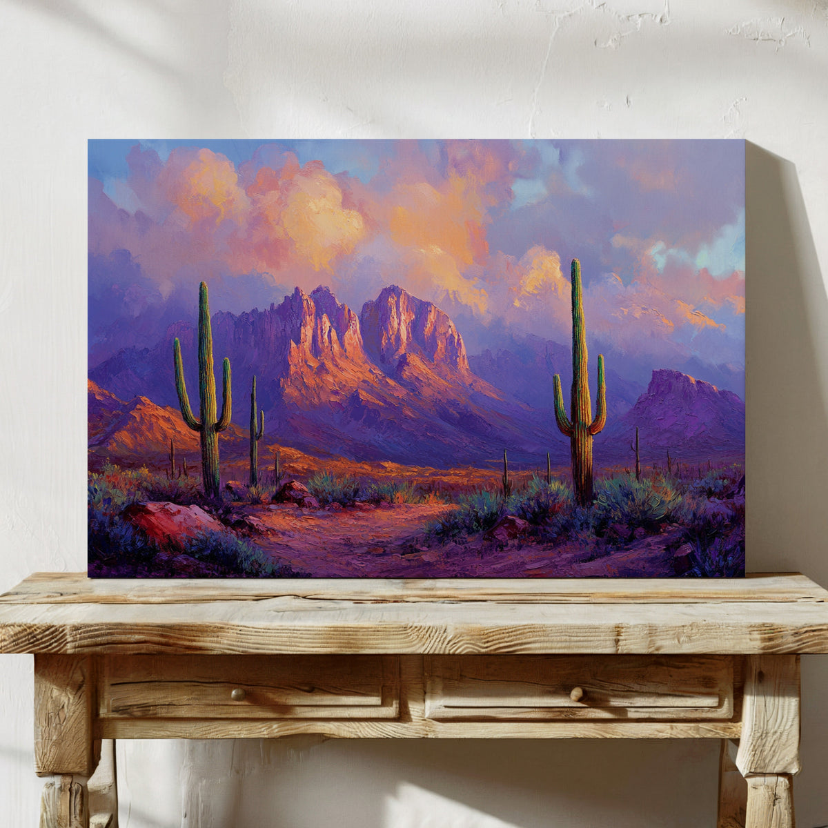 Purple Desert Sunset Canvas – Southwest Cactus Wall Art