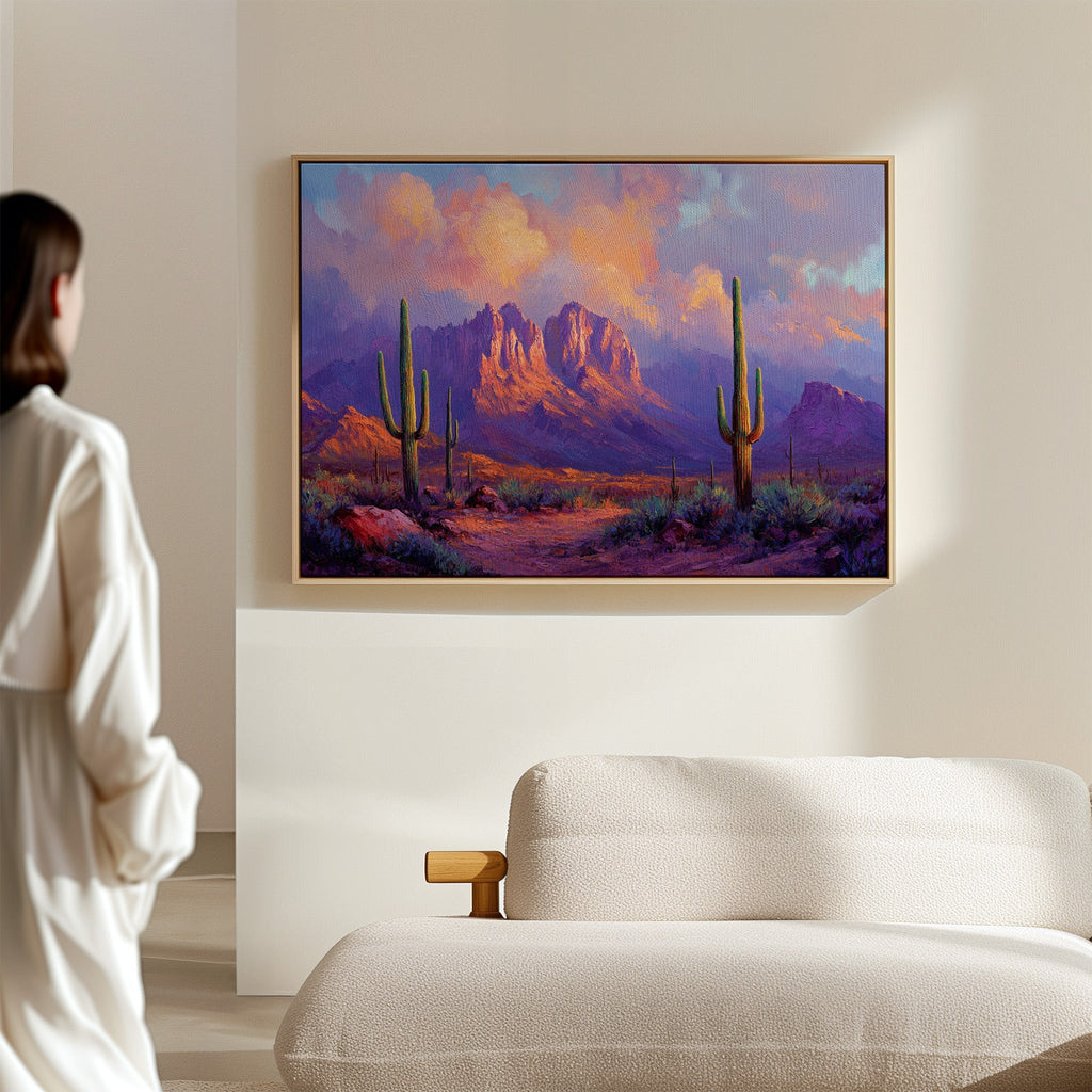 Purple Desert Sunset Canvas – Southwest Cactus Wall Art