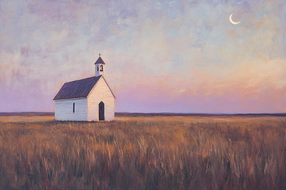 Prairie Moon Chapel Canvas – Minimalist Country Church Wall Art