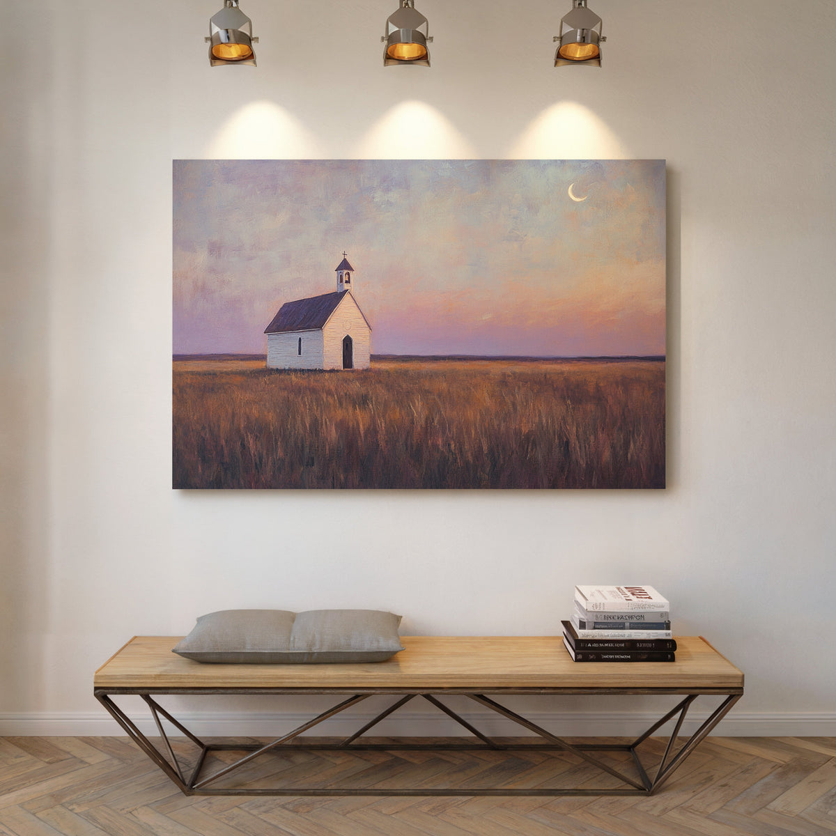 Prairie Moon Chapel Canvas – Minimalist Country Church Wall Art