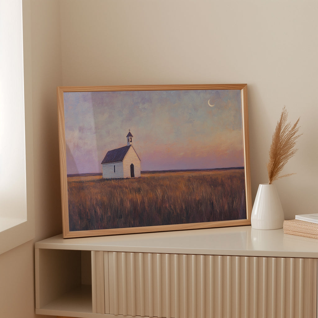 Prairie Moon Chapel Canvas – Minimalist Country Church Wall Art