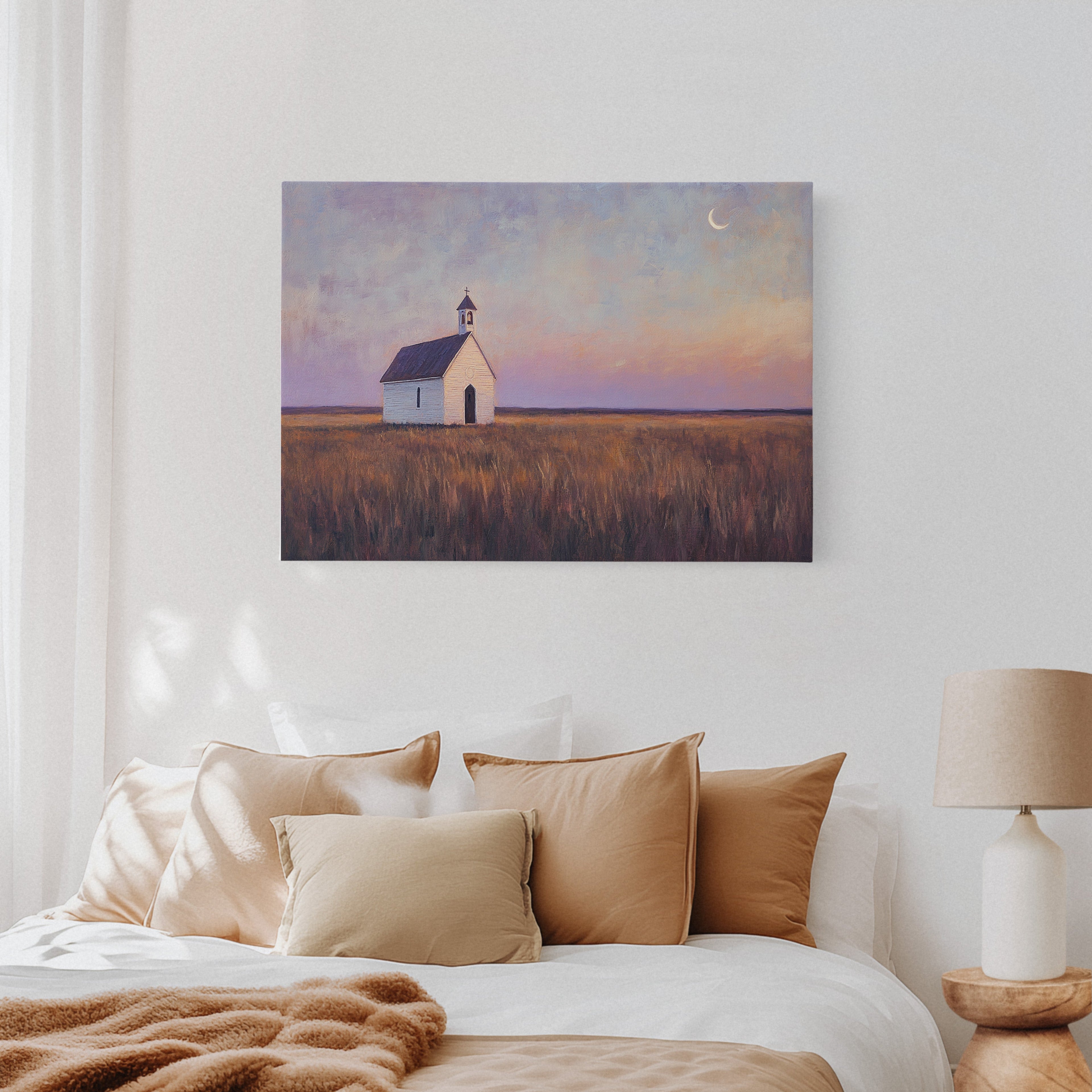 Prairie Moon Chapel Canvas – Minimalist Country Church Wall Art
