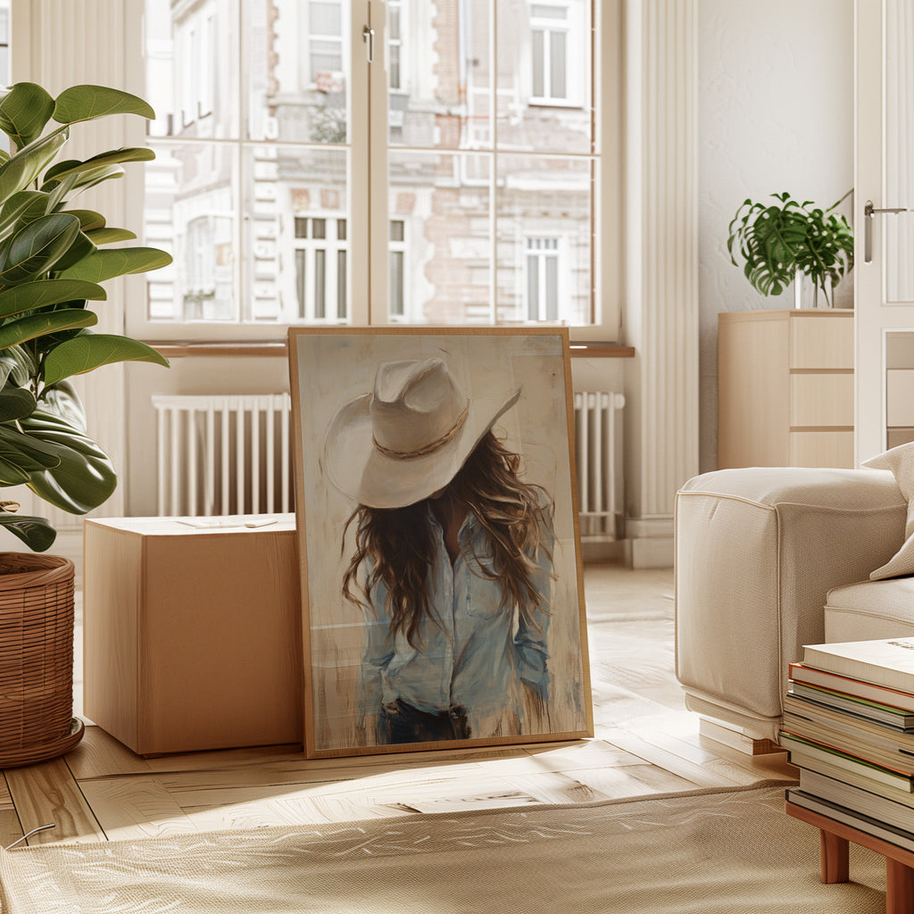 Cowgirl in Blue – Soft Western Elegance Canvas Print
