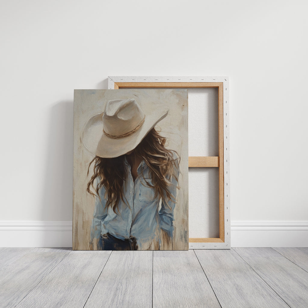 Cowgirl in Blue – Soft Western Elegance Canvas Print