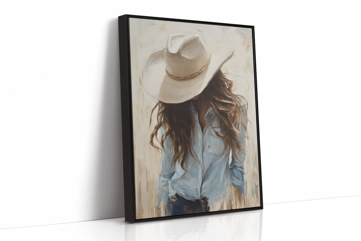 Cowgirl in Blue – Soft Western Elegance Canvas Print