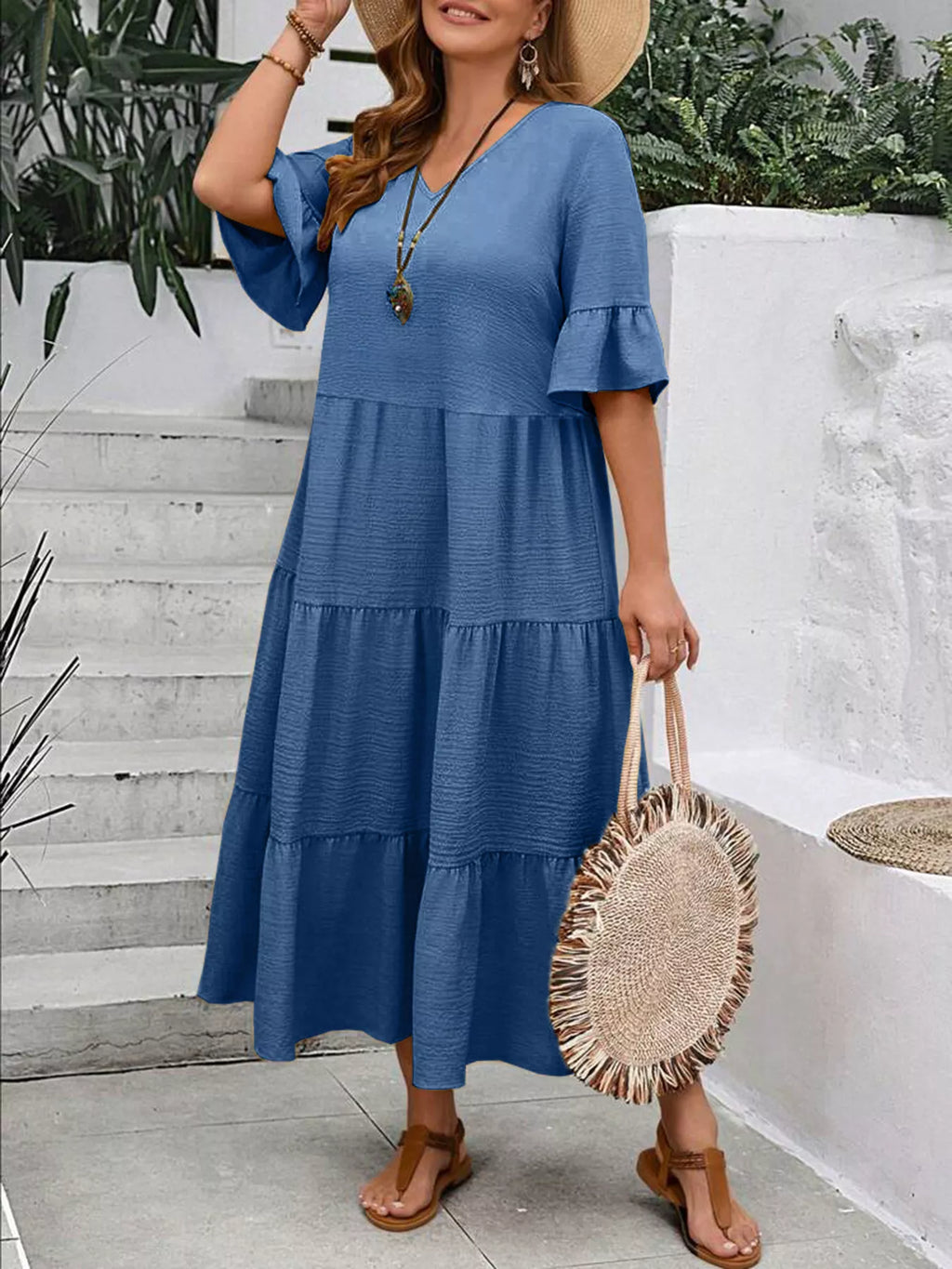 Ruffle Sleeves Tiered Midi Dress