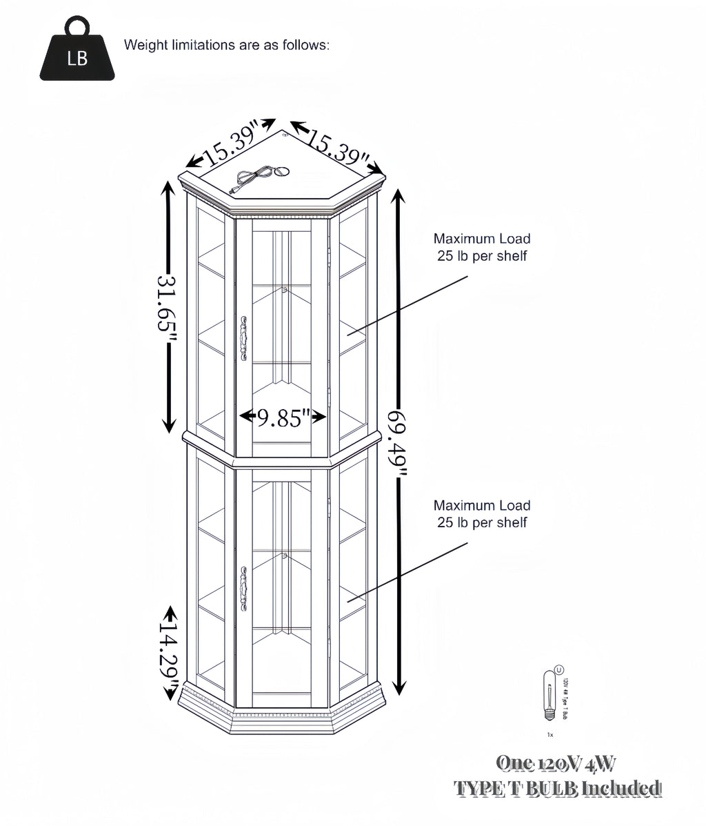 Corner Curio cabinet with illuminated glass display stand and tempered glass door, with adjustable bracket and light bulb