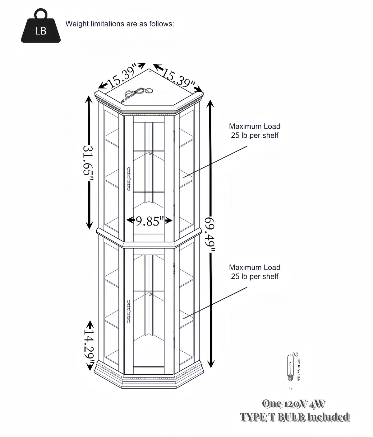 Corner Curio cabinet with illuminated glass display stand and tempered glass door, with adjustable bracket and light bulb